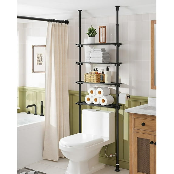 RONOVIA Adjustable Over The Toilet Storage Shelf, 4-Tier Ample Over Toilet Bathroom Organizer and Storage,Tension Mounted Above Toilet Storage Cabinet, Fits 64-113 Inch Heights, Black