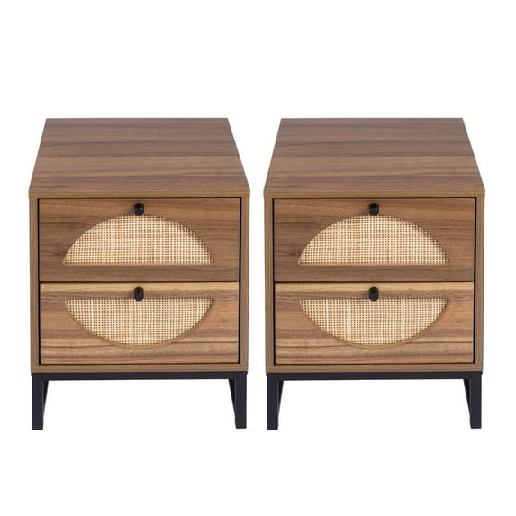 RONSHIN 2 Drawer Nightstand With 2 Large Storage Drawers, Circular Handle Mid Century Modern End Table For Bedroom, Living Room Natural Rattan Display Rack