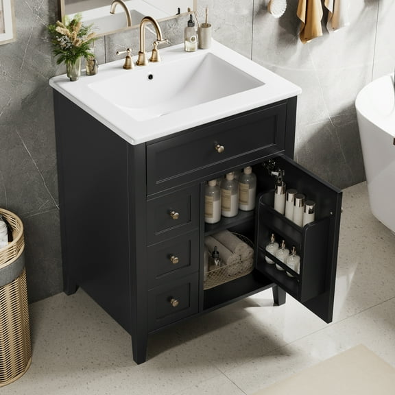 RONSHIN 24-inch Black Bathroom Vanity with Sink, 3 Drawers, Modern Design