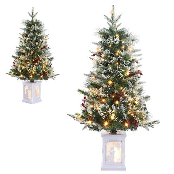 RONSHIN 3FT Snow Flocked Christmas Tree with 78 Lights & Hinged Design - Small Artificial Tree for Festive Decor