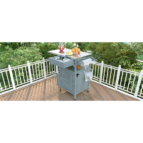 RONSHIN 40.5-inch Outdoor Barbecue Cart with Stainless Steel Top, Solid Wood Cabinet, Blue-Gray