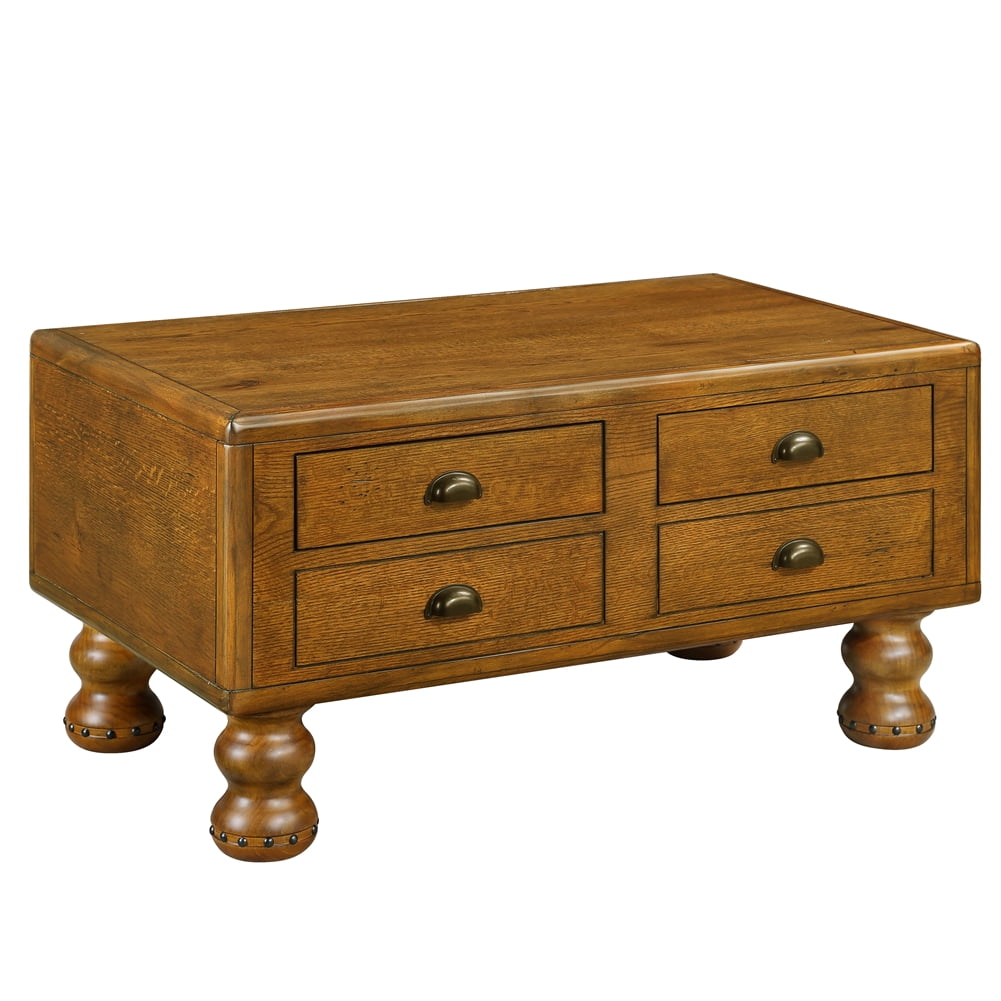 Antique Brown Wood Rectangular Coffee Table with Storage