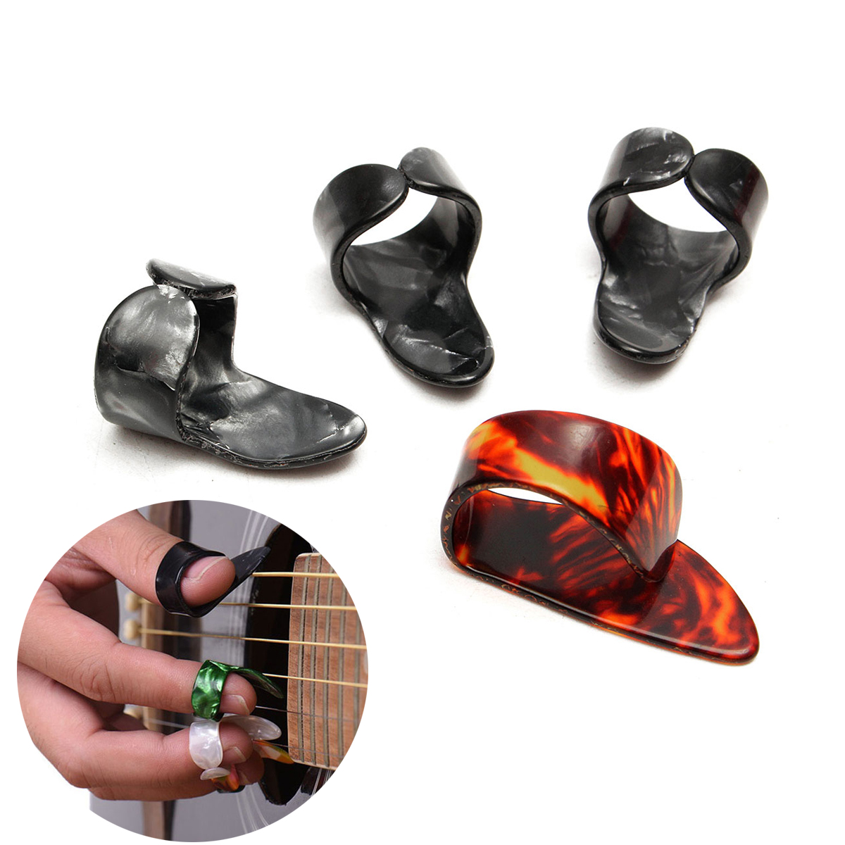 RONSHIN 4Pcs/set Celluloid 1 Thumb + 3 Finger Guitar Picks Guitar Plectrums Sheath for Acoustic Electric Bass Guitar Random Color