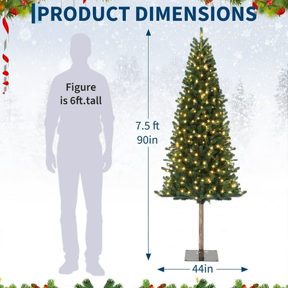 RONSHIN 7.5FT Pre-Lit Pencil Christmas Tree with LED Lights & Metal Stand, Slim Holiday Decoration