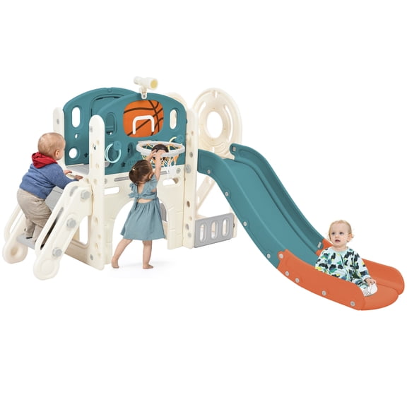 RONSHIN 7-in-1 Kids Slide Playset Climbing Crawling Playhouse With Slide Basketball Hoop Ring Toss Tunnel For Boys Girls Birthday Xmas Gifts