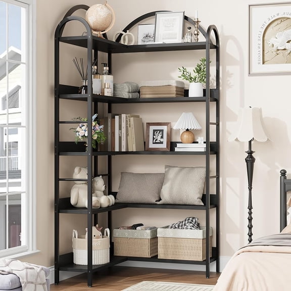 RONSHIN Arched Corner Bookshelf, l-Shaped Industrial Bookcase Corner Bookshelves with Metal Frame, 5-Tier Large Display Rack for Living Room & Bedroom, Space-Saving Tall Storage Shelf