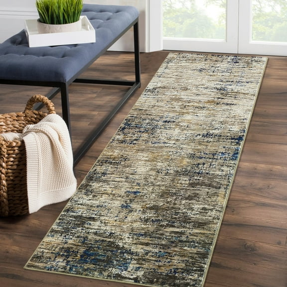 RONSHIN Area Rugs Washable Carpets 350Gsm Velvet (Total 1150Gsm) Pearl Velvet Cotton Tpr Washed Folding Backing Carpet-Abstract-Mirage Blue Camel 2*6ft