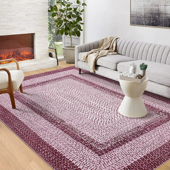 RONSHIN Area Rugs Washable Carpets 9'*12' Rug Braided Print Area Rug Farmhouse Border Rug Geometric Area Rug Stain-Resistant Non-Shedding Accent Rug,Pink pink 9*12ft