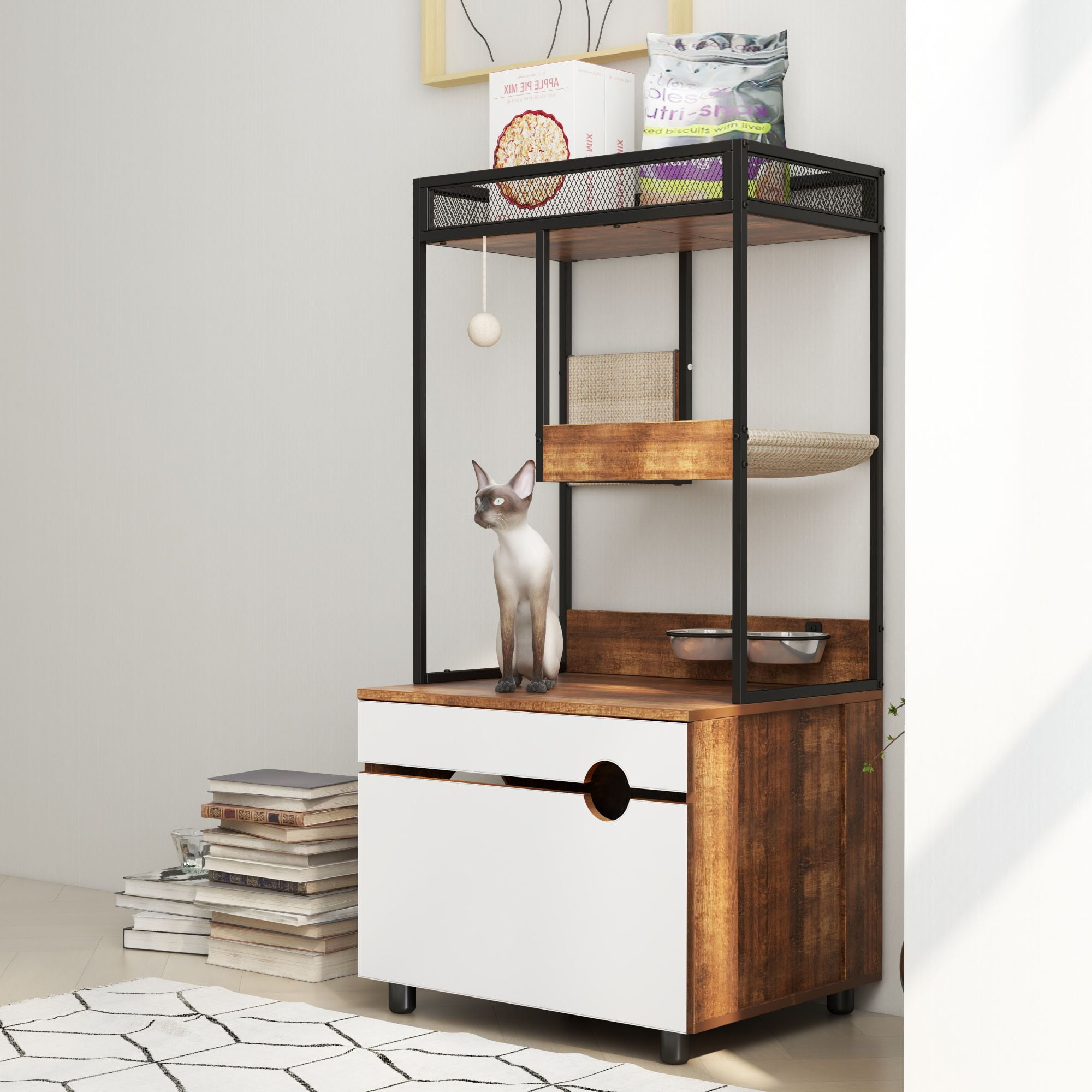 White and Retro Wooden Cat Litter Box Enclosure with Tree Tower