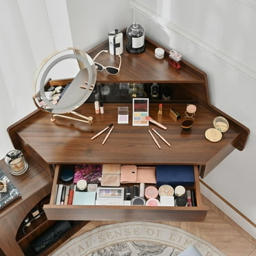 RONSHIN Corner Vanity Desk with LED Mirror and Side Cabinet - Space-Saving Makeup Table