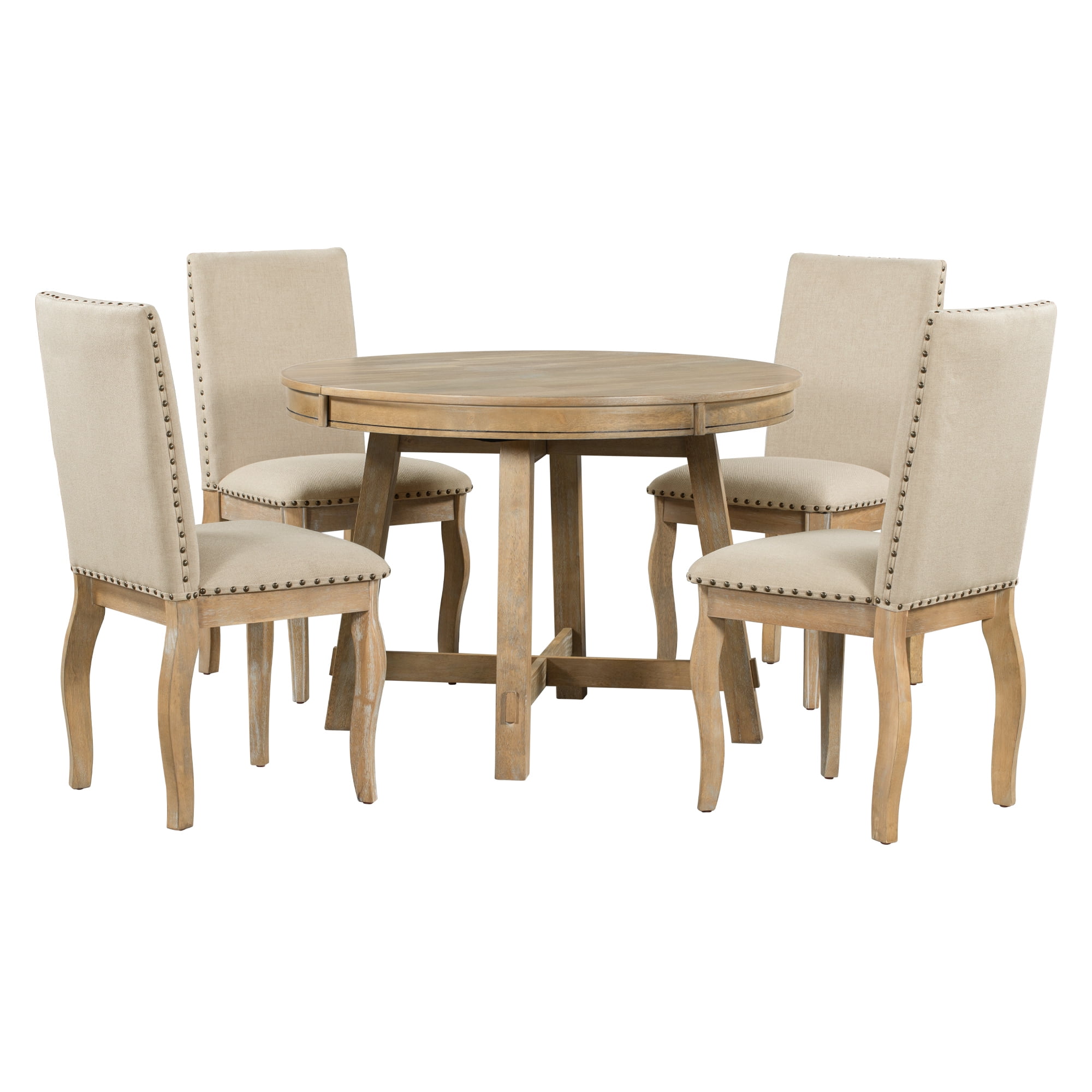 RONSHIN Kitchen Round Extendable Dining Table with 4pcs Upholstered Dining Chairs, Solid Wood ...
