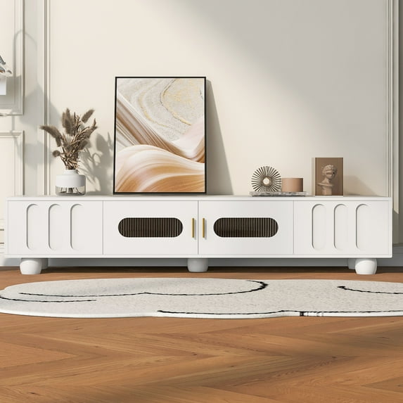 RONSHIN Modern Tv Stand for Tvs Up To 80 Inches,Glass Door,2 Drawers And Cabinets,Solid Wood Legs,Metal Handles Tv Storage Cabinet for Living Room Bedroom White