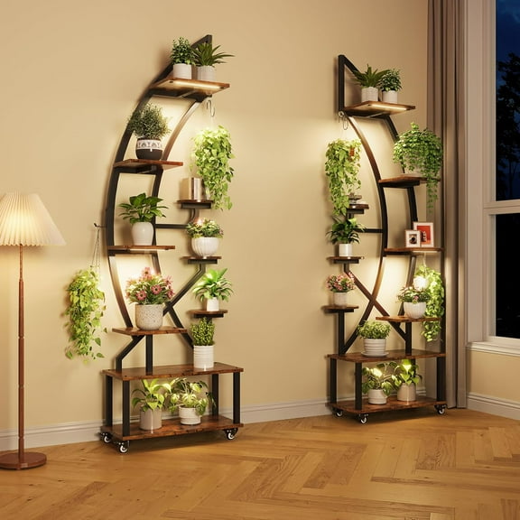 RONSHIN Plant Stand Indoor with Grow Lights, 6 Tiered Plant shelf with Wheels, 68'' Metal Plant Stand for Indoor Plants Multiple, 2 Pcs Plant Holder, Half-Moon Plant Display Rack for Living Room