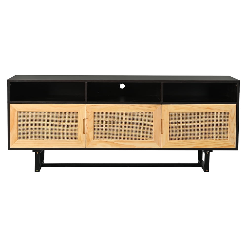 RONSHIN Rattan TV Stand for 75 Inch TV,Entertainment Center with 3 Door ...