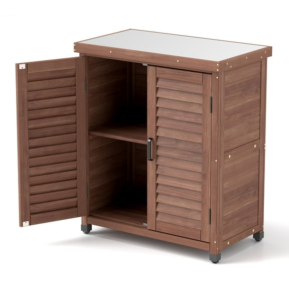 RONSHIN Solid Wood Outdoor Storage Shed with Metal Roof - High Vertical Tool Cabinet for Patio