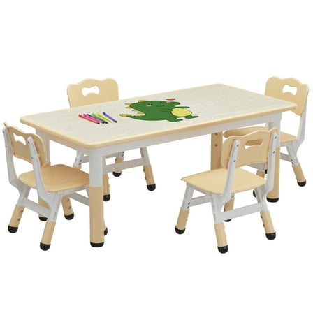 RONSHIN Table and 4 Chairs Set Height Adjustable Table and Chair Set, Graffiti Desktop, Children Learn Activity Table for Study Table for Home