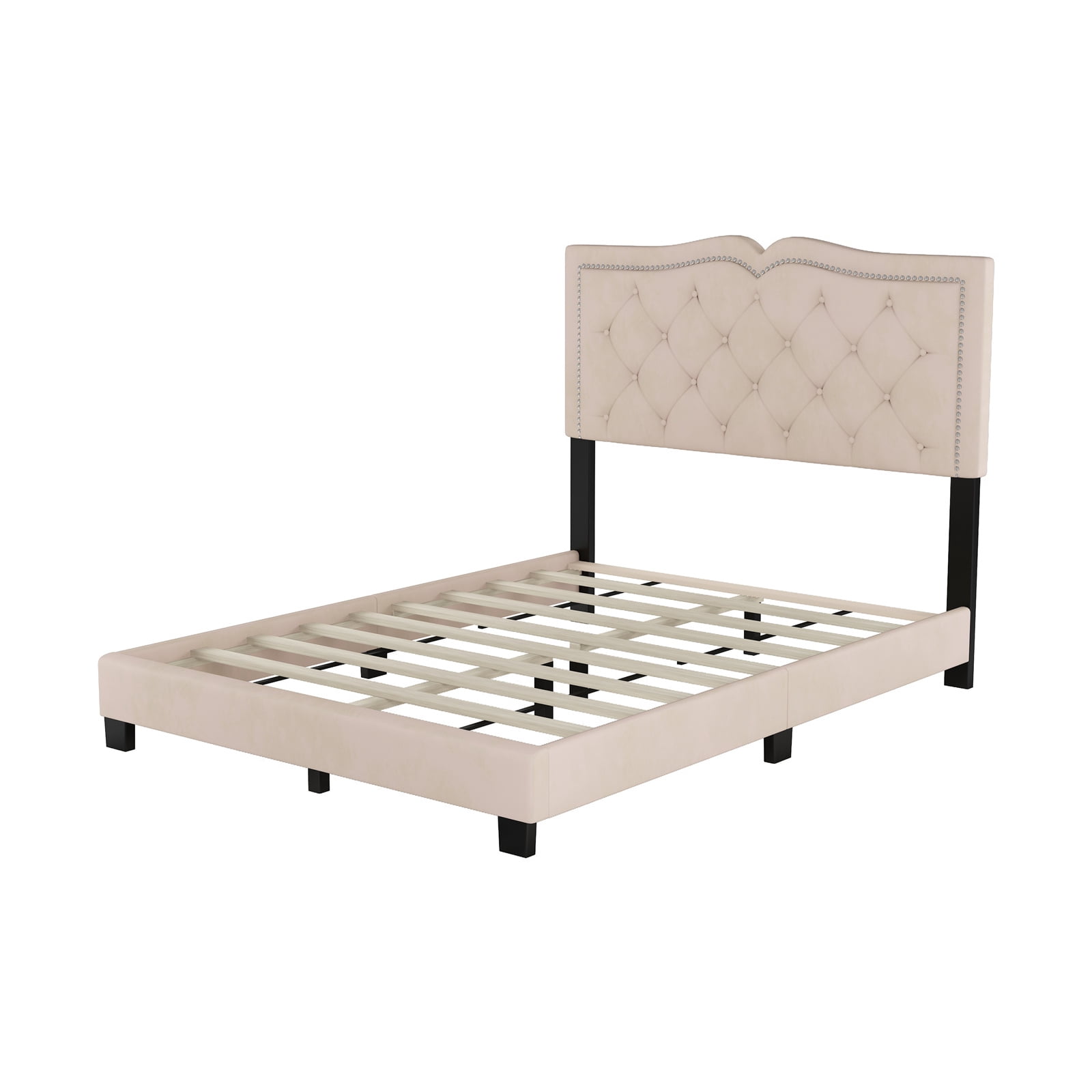 RONSHIN Velvet Bed Frame with Upholstered Headboard Rivet Trim,Modern ...