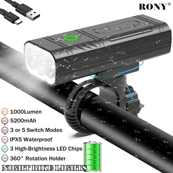 RONY 1000LM Bike Lights: USB Rechargeable Bicycle Light for Night Riding, 5200mAh Lithium Battery, IPX5 Waterproof, 5 Light Modes