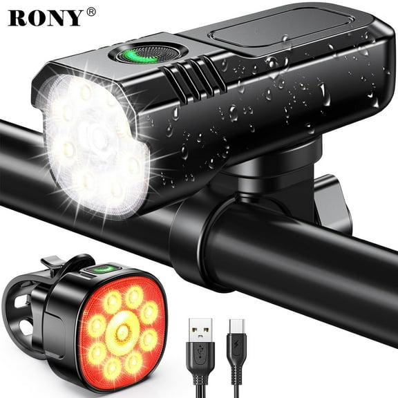 RONY 2000LM Bike Light Set: USB Rechargeable, 9 LED, 7 Modes, IP65 Waterproof, Front Back Bicycle Lights for Night Riding