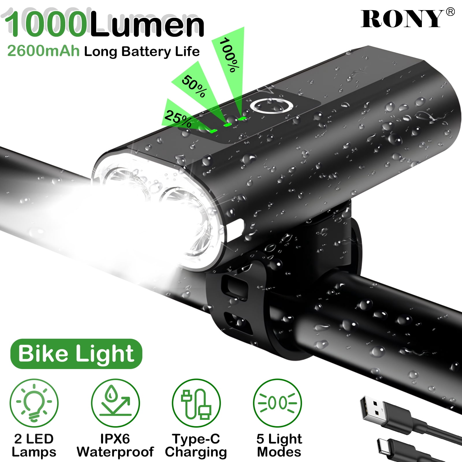 RONY 1000LM Rechargeable Bike Light for Night Riding: IPX6 Waterproof ...