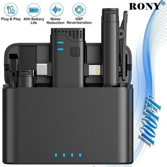 RONY 100FT Wireless Lavalier Microphone with Charging Case, 3-IN-1 Professional Mics Compatible with iPhone/iPad/Android