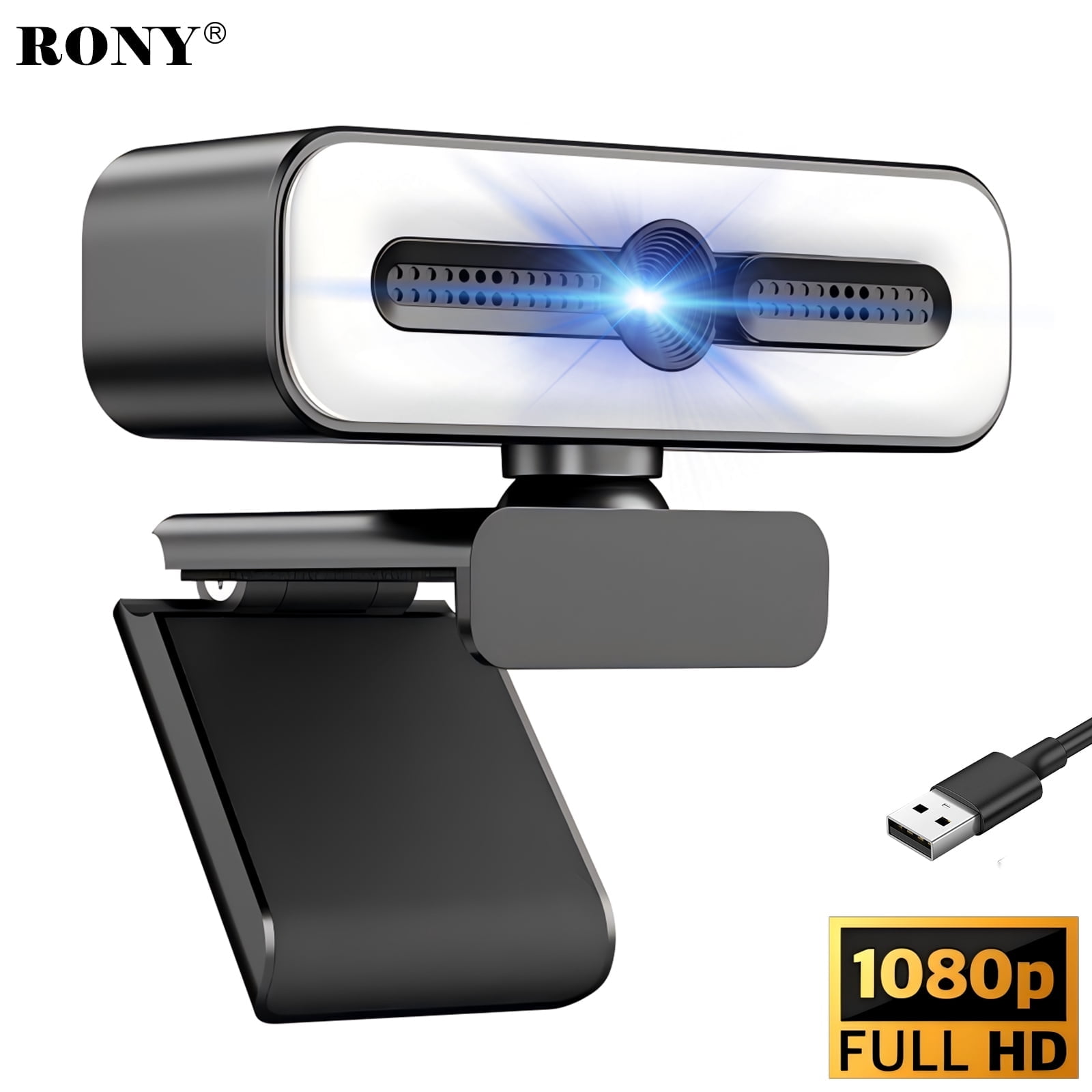 RONY 1080P Autofocus Webcam with Ring Light, Plug & Play Computer Camera with Microphone for PC Laptop Video Streaming