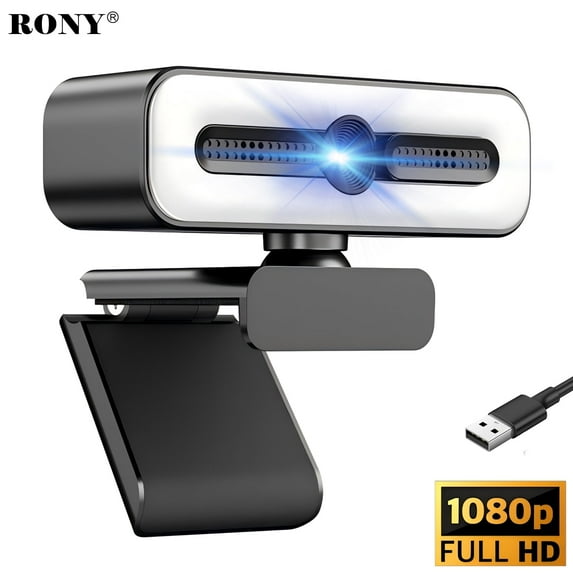 RONY 1080P Autofocus Webcam with Ring Light, Plug & Play Computer Camera with Microphone for PC Laptop Video Streaming