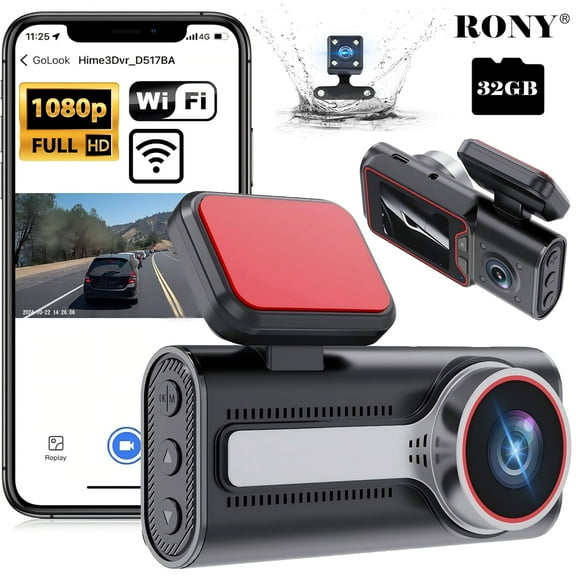 RONY 3-Channel Dash Cam Front and Rear: 1080P Full HD Dash Camera for Cars with Night Vision, G- Sensor, 24H Parking Mode, 32GB Card, Black