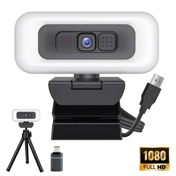 RONY 1080P Webcam with Light Tripod Privacy Cover, Plug and Play Webcam for PC with Microphone for Streaming Calling Conference Video Calls, A-to-C Adapter Included