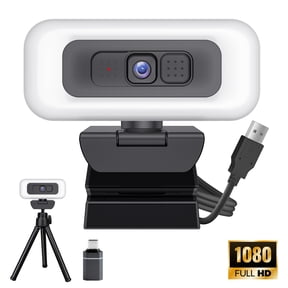 RONY 1080P Webcam with Light Tripod Privacy Cover, Plug and Play Webcam for PC with Microphone for Streaming Calling Conference Video Calls, A-to-C Adapter Included