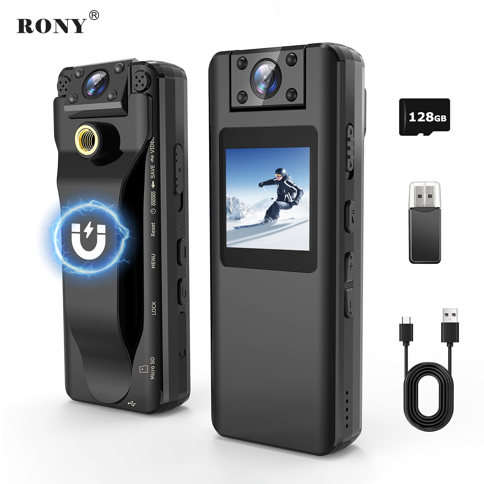 RONY 128GB 1080P FHD Body Worn Camera with Audio and Video Recording, 180 Rotating Lens Body Camera with Night Vision Magnetic Clip for Law Enforcement Hiking Outdoor Sports