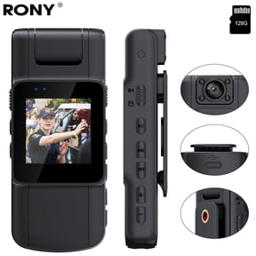 RONY 128GB 180 Rotate Mini Body Camera - 1080p Wearable Camcorder with Night Vision - Long Battery Life Audio Video Camera for Daily Records