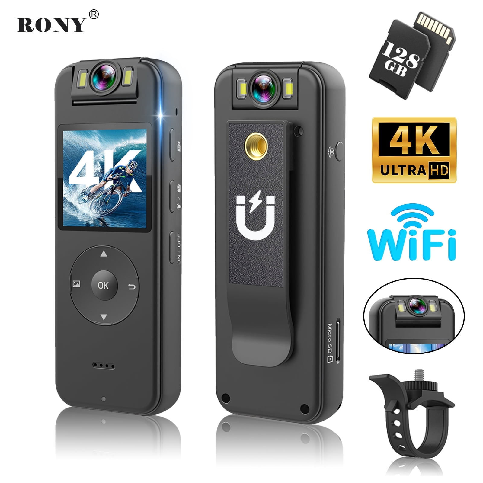 RONY 128GB 4K Body Camera with Audio Video Recording Night Vision 180° Rotate Lens, 1.4’’ Screen Wearable Camcorder with Back Clip, Support WiFi Connection, Black