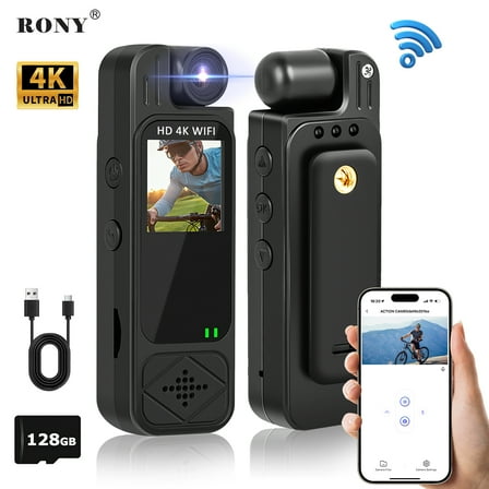 RONY 128GB 4K Body Camera with Audio and Video Recording Night Vision 180 Rotating Lens Wearable Pocket Camera with Back Clip for Outdoor Sport Bike Travel Patrol, WiFi Support