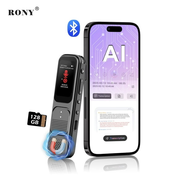 RONY 128GB AI Digital Voice Recorder with APP, 3072kbps Portable Audio Recorder with Transcribe Summarize Interpretation for Business Meeting Lecture Interview