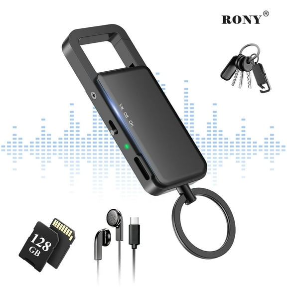 RONY 128GB Voice Recorder with Playback, 9000 Hours Keychain Voice Activated Recorder with Noise Reduction for Lectures, Meetings, Interviews