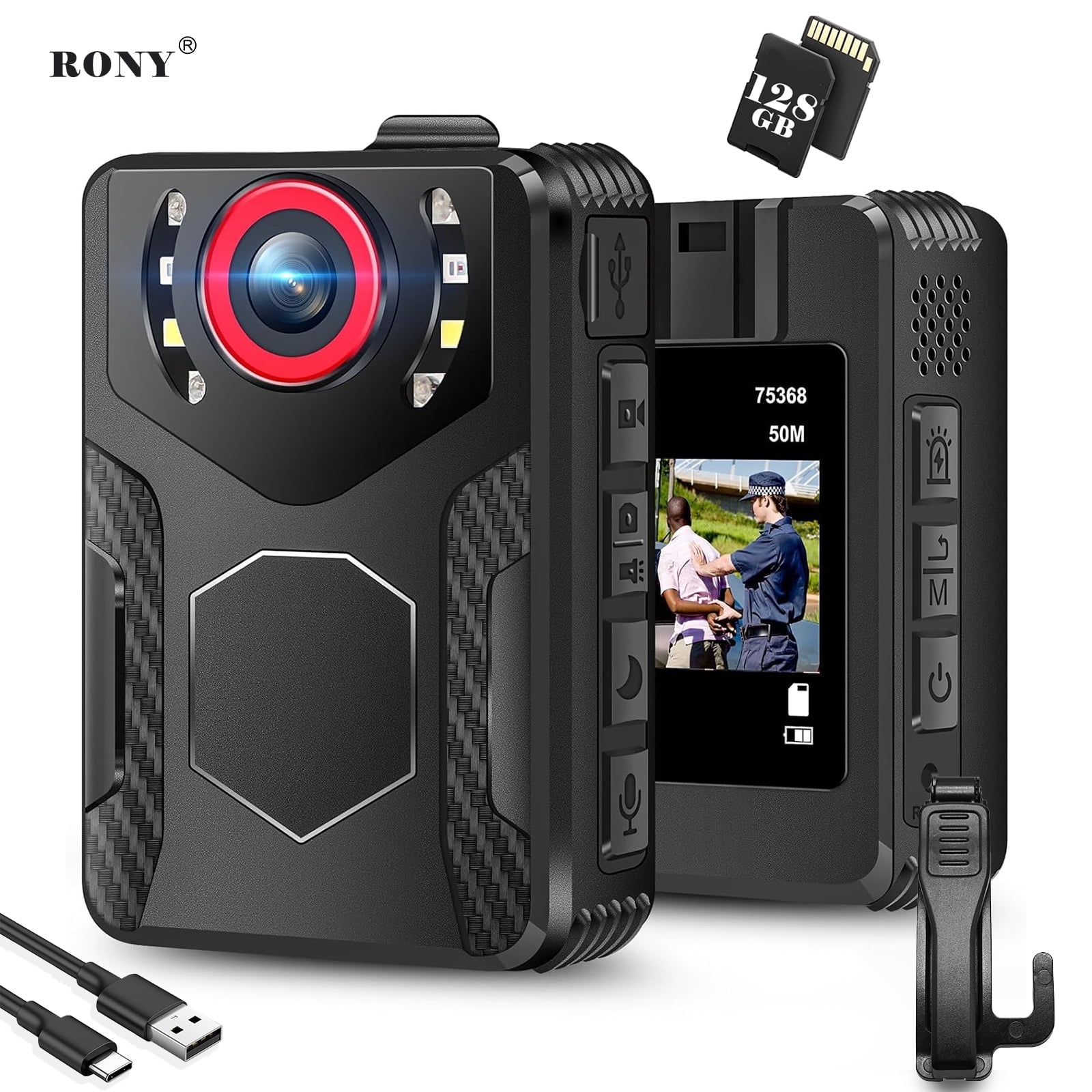 RONY 128GB Wearable Body Camera with Audio and Video Recording, 1080P FHD Body Cam with IR Night Vision for Law Enforcement Security Guard Civilian