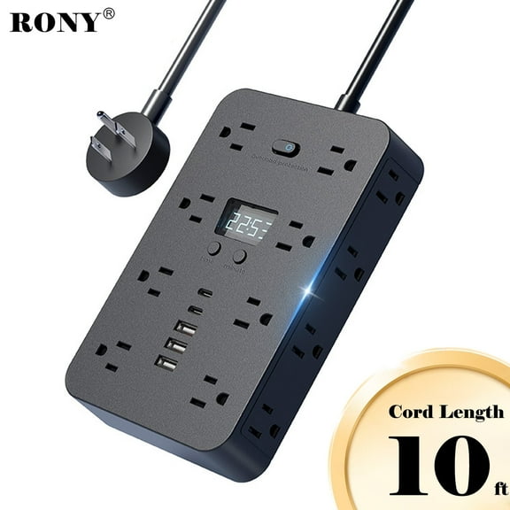 RONY 16-Outlet 5 USB Port Surge Protector Power Strip, 3-Sided Plug Outlet Extender with 10ft Long Extension Cord, Black