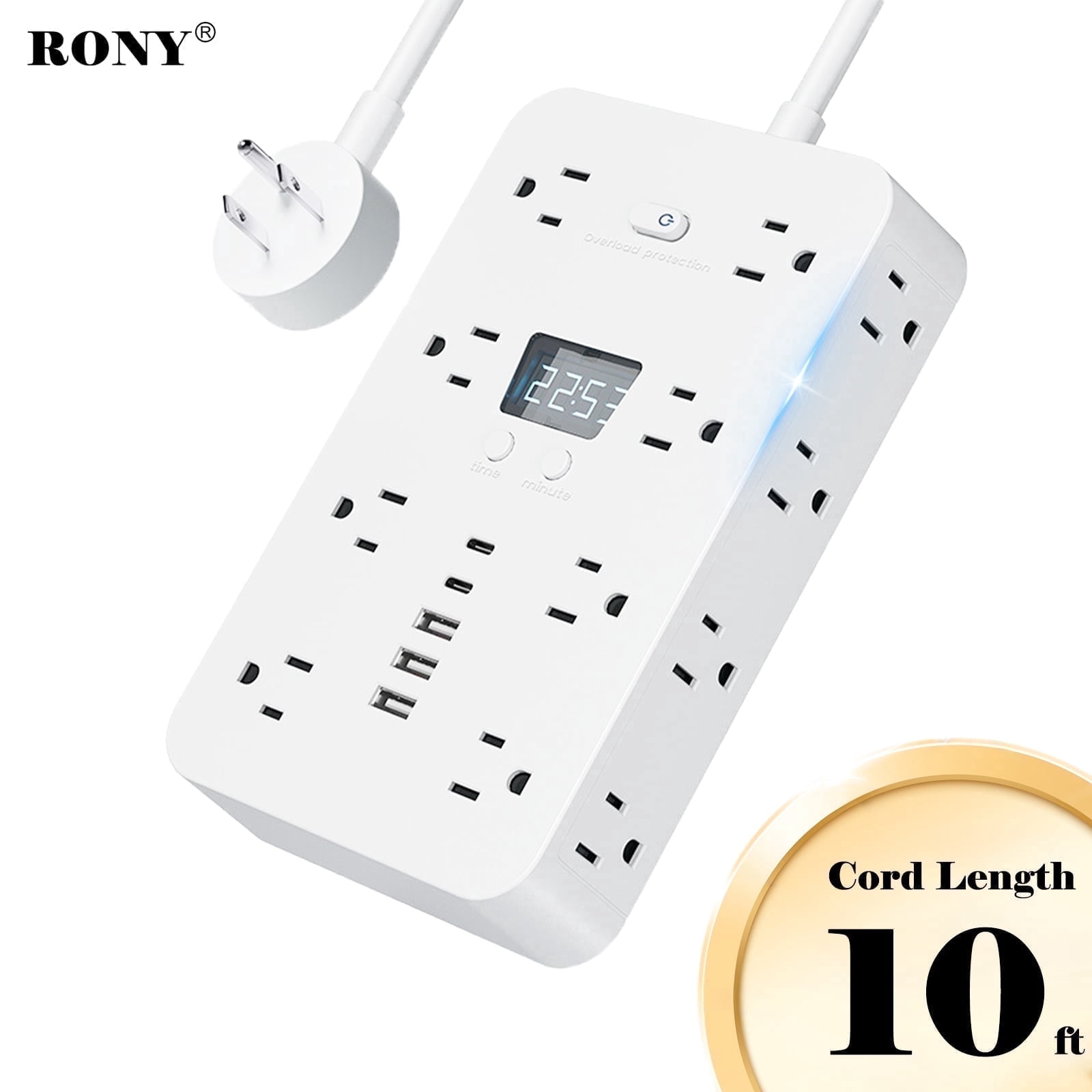 RONY 16-Outlet 5 USB Port Surge Protector Power Strip, 3-Sided Plug Outlet Extender with 10ft Long Extension Cord, White