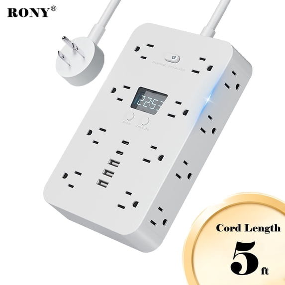 RONY 16-Outlet 5 USB Port Surge Protector Power Strip, 3-Sided Plug Outlet Extender with 5ft Long Extension Cord, White