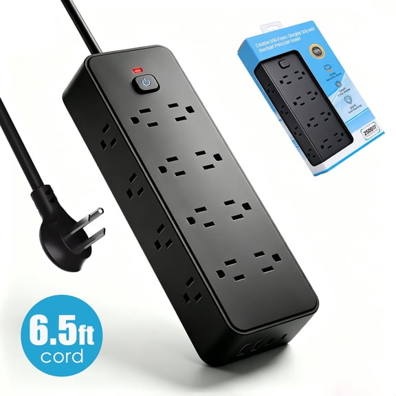 RONY 16-Outlet Surge Protector Power Strip with 4 USB Ports, 6.5ft Extension Cord, Black