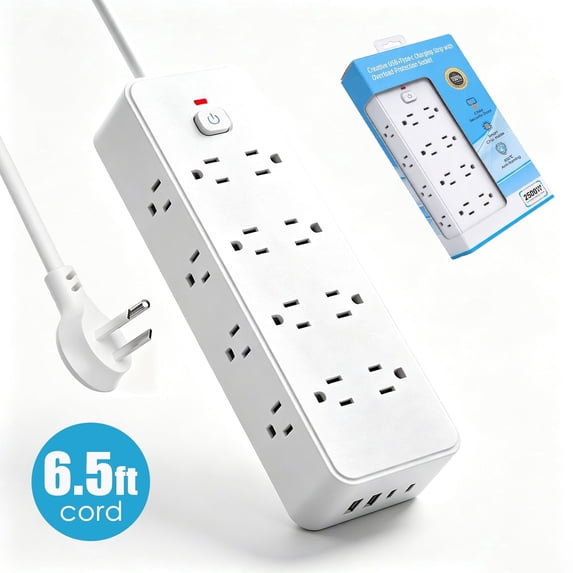 RONY 16-Outlet Surge Protector Power Strip with 4 USB Ports, 6.5ft Extension Cord, White