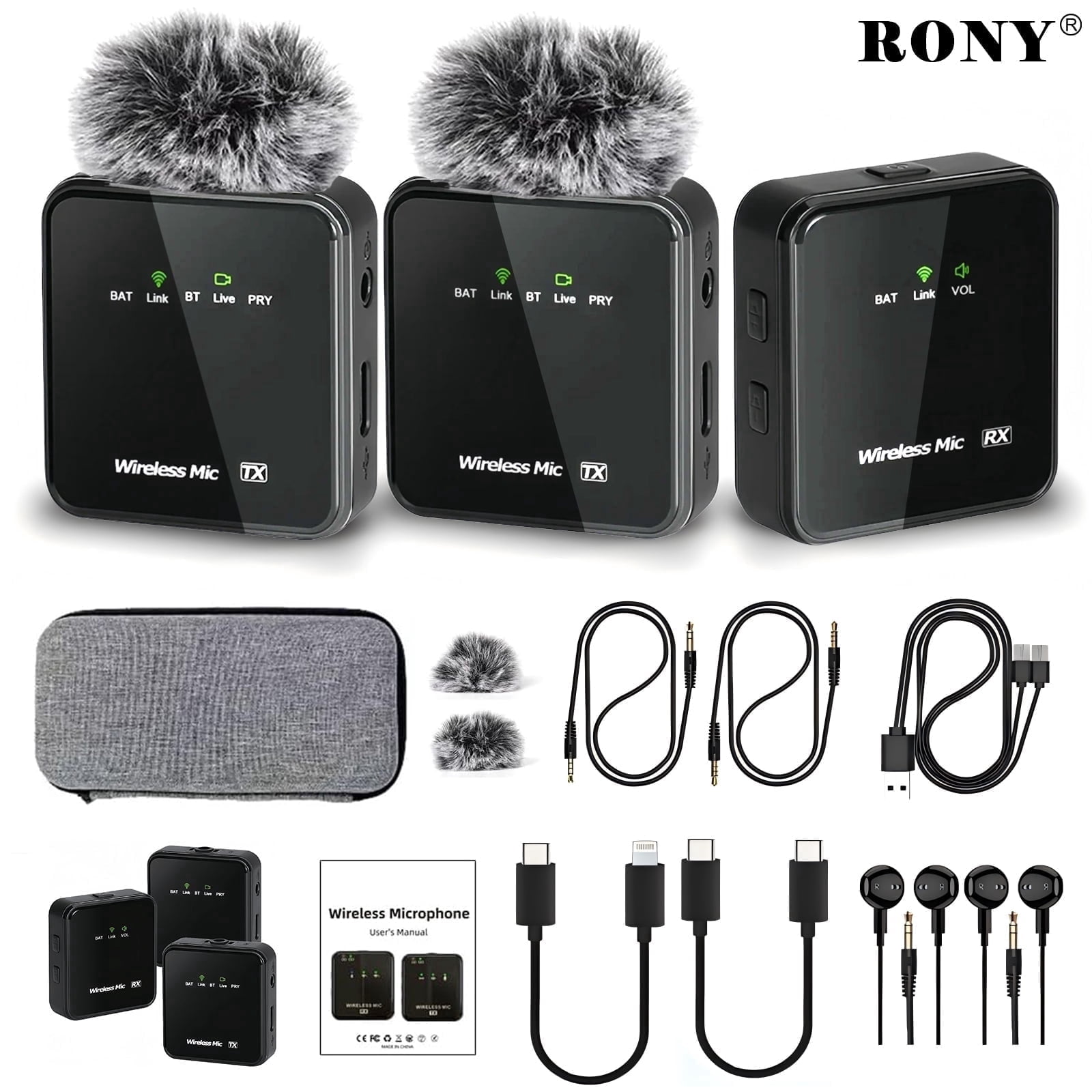 RONY 160ft Camera Microphones: Dual Wireless Lavalier Lapel Mini Mic Compatible with iPhone Camera Android Laptop