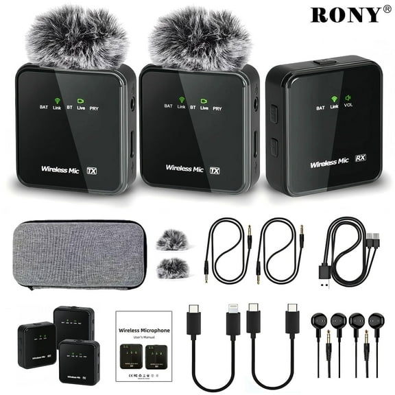 RONY 160ft Camera Microphones: Dual Wireless Lavalier Lapel Mini Mic Compatible with iPhone Camera Android Laptop