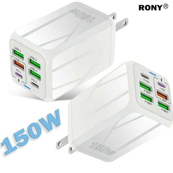 RONY 2 Pack 150W Fast Charging Blocks: Portable 6 Ports USB Charger Block Compatible with Various Types of Mobile Phones and Computers, White