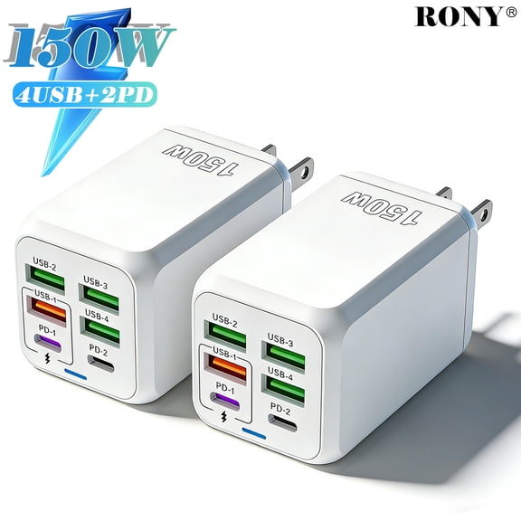 RONY 2 Pack USB C 150W Charger Block: 6-Port Fast Charging Block Power Adapter Compatible with iPhone iPad Samsung Galaxy, White