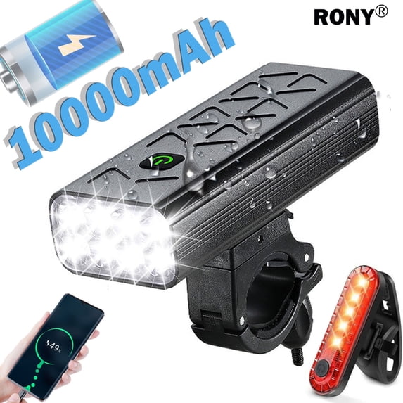 RONY 2000 Lumen Rechargeable Ultra Bright Bike Light with Rear Tail Light - Waterproof Bright Powerful 8 LED Bike Headlight for Night Riding Cycling
