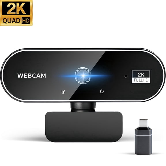 RONY 2K Webcam with 2 Microphones for Laptop, Autofocus Webcam with Noise-Cancelling, Conference Streaming, Black