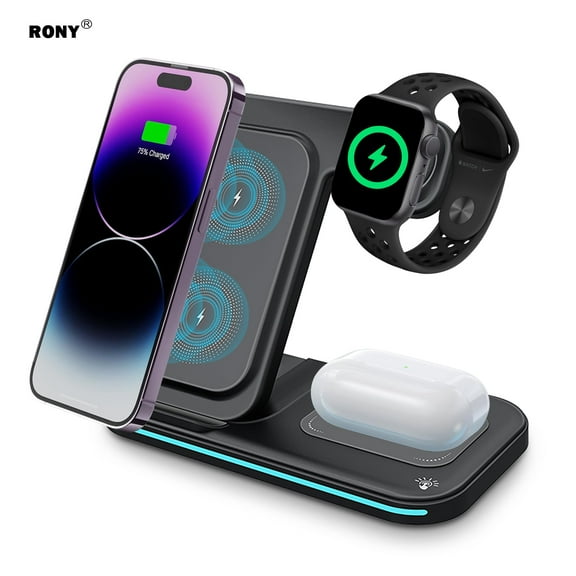 RONY 3 in 1 Wireless Charger Station - 15W Fast Charger Pad Stand Charging Station for Apple Watch 4/5/6/7/8/SE, Airpods, iPhone, Android, black