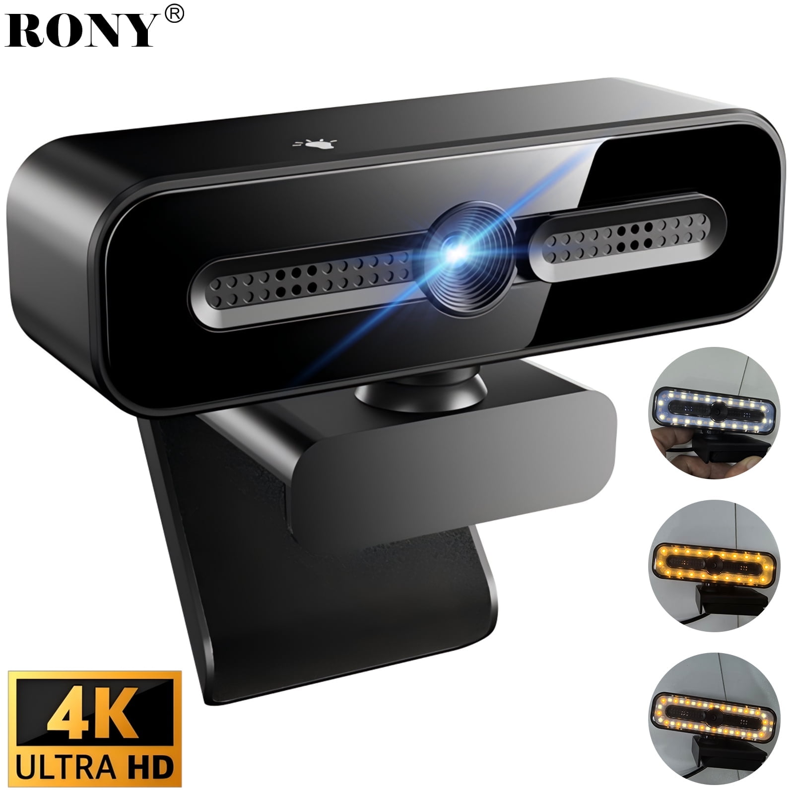 RONY 4K Autofocus Webcam with Ring Light, Plug & Play Computer Camera with Microphone for PC Laptop Video Streaming, Black
